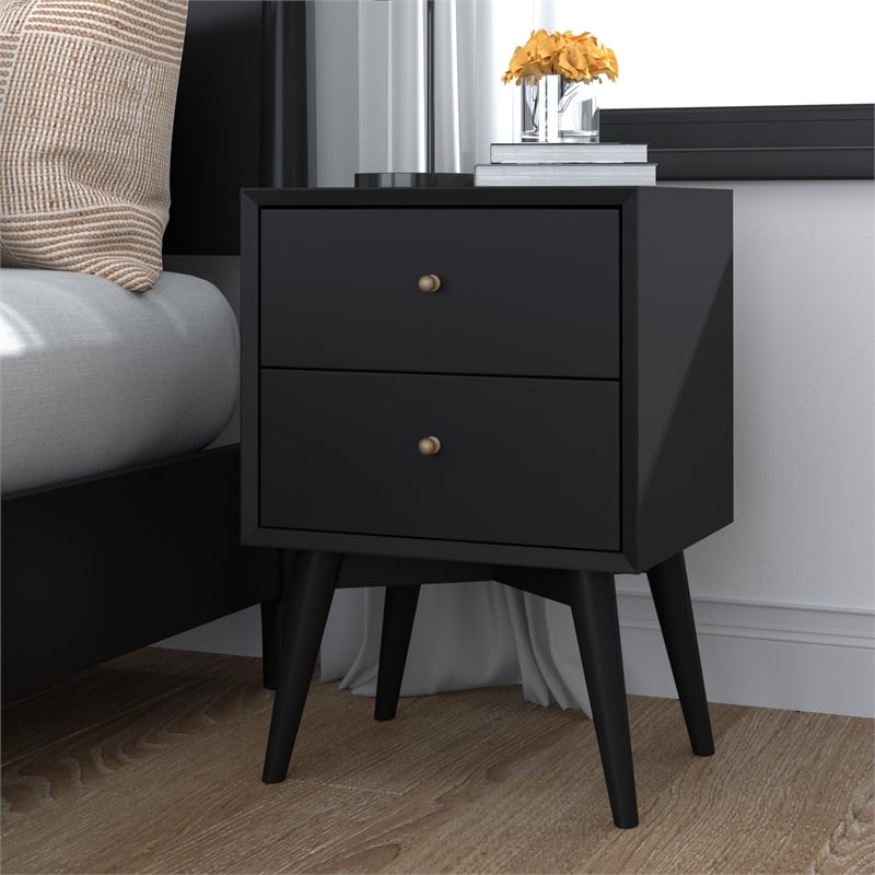Alpine Furniture Flynn Mid Century Modern Wood 2 Drawer Nightstand in Black