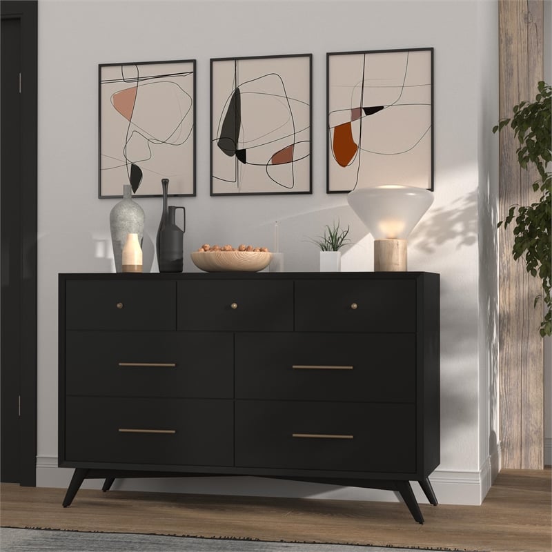 Alpine Furniture Flynn Mid Century Modern Wood 7 Drawer Dresser in Black