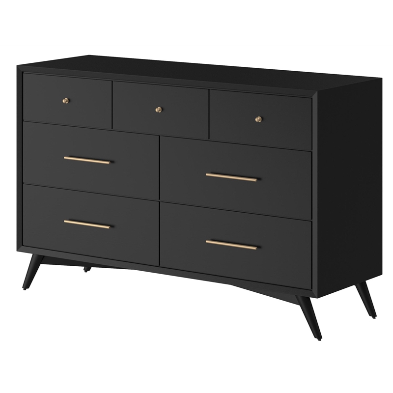 Alpine Furniture Flynn Mid Century Modern Wood 7 Drawer Dresser in Black