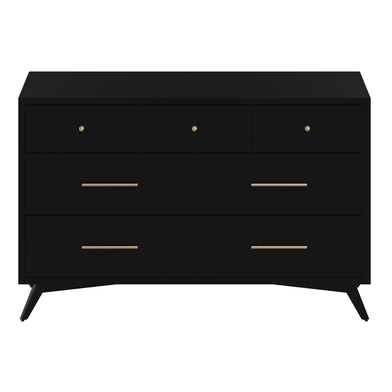 Alpine Furniture Flynn Mid Century Modern Wood 7 Drawer Dresser in Black