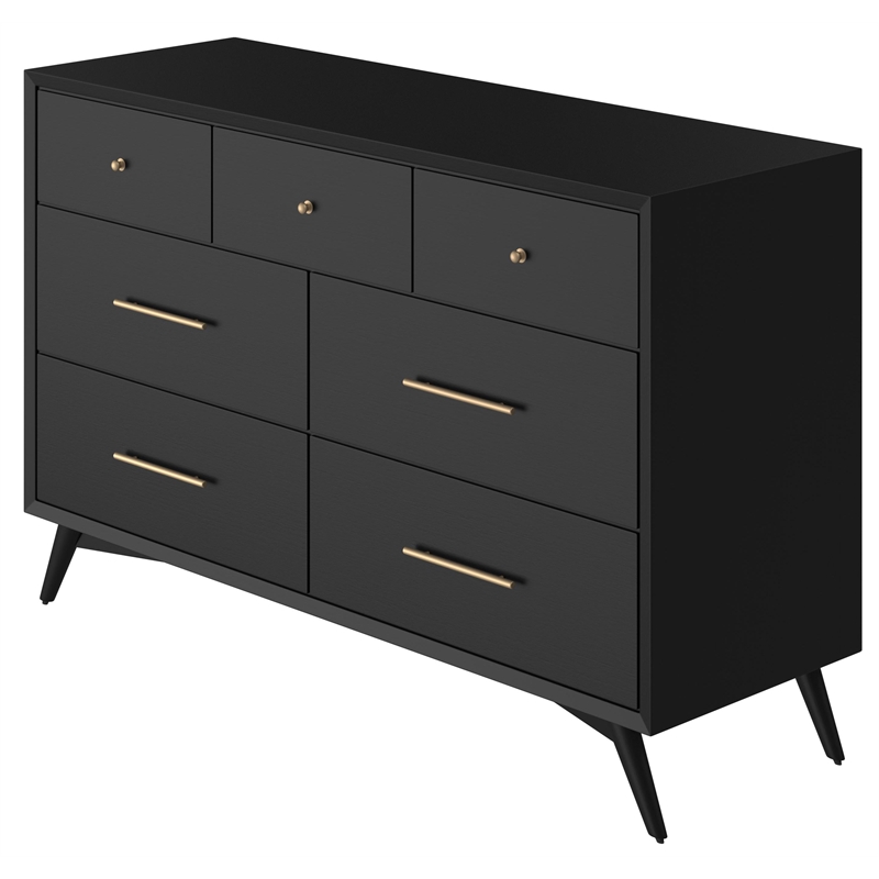Alpine Furniture Flynn Mid Century Modern Wood 7 Drawer Dresser in Black