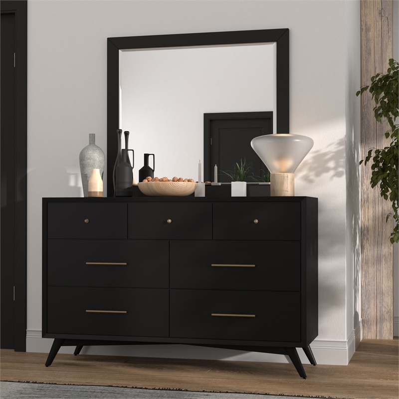 Alpine Furniture Flynn Mid Century Modern Wood 7 Drawer Dresser in Black