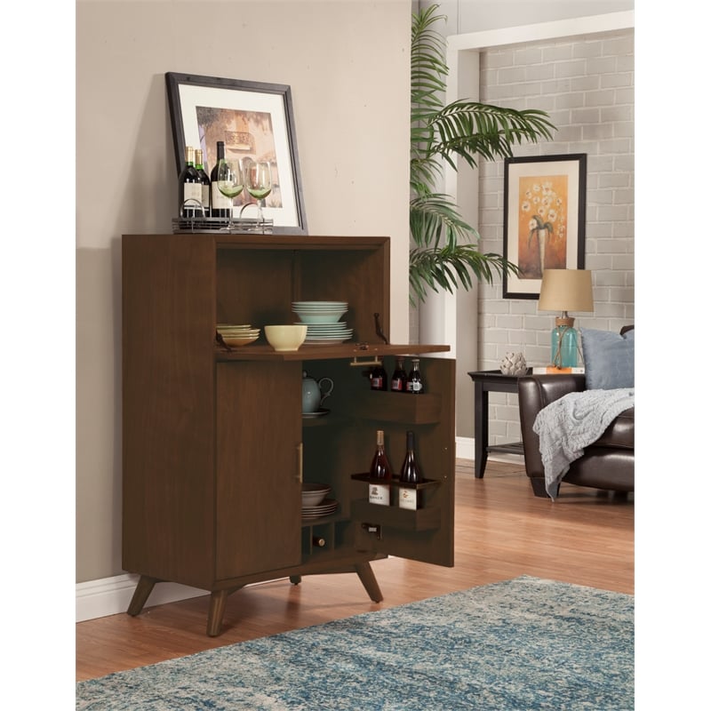 Alpine Furniture Flynn Large Bar Cabinet with Drop Down Tray in Walnut