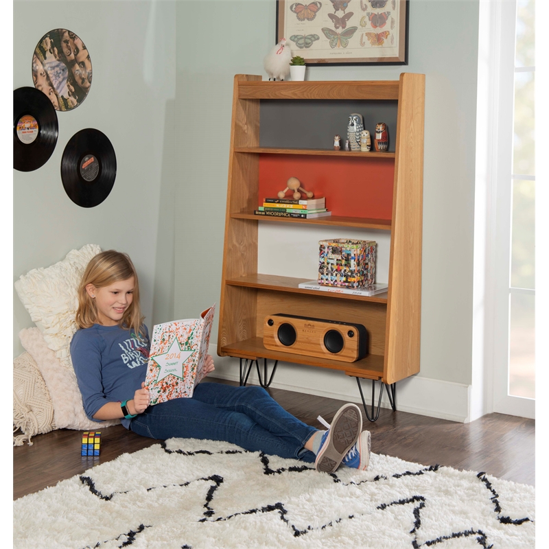 Allora 4 Shelves Wood Bookcase in Natural Brown/Gray/Orange/White