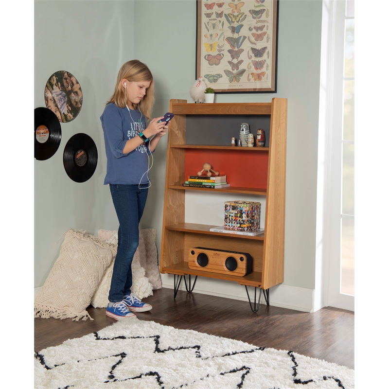 Allora 4 Shelves Wood Bookcase in Natural Brown/Gray/Orange/White