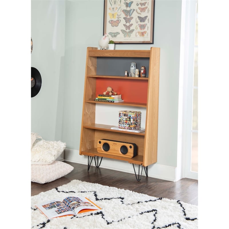 Allora 4 Shelves Wood Bookcase in Natural Brown/Gray/Orange/White