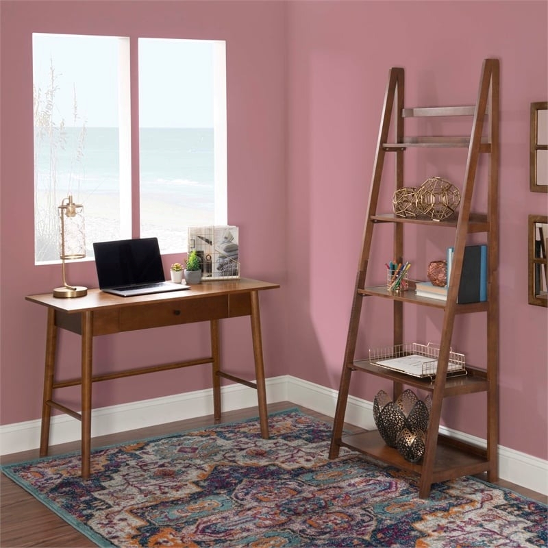 Allora 1-Drawer Mid-Century Wood Desk w/ Rounded Legs in Warm Walnut
