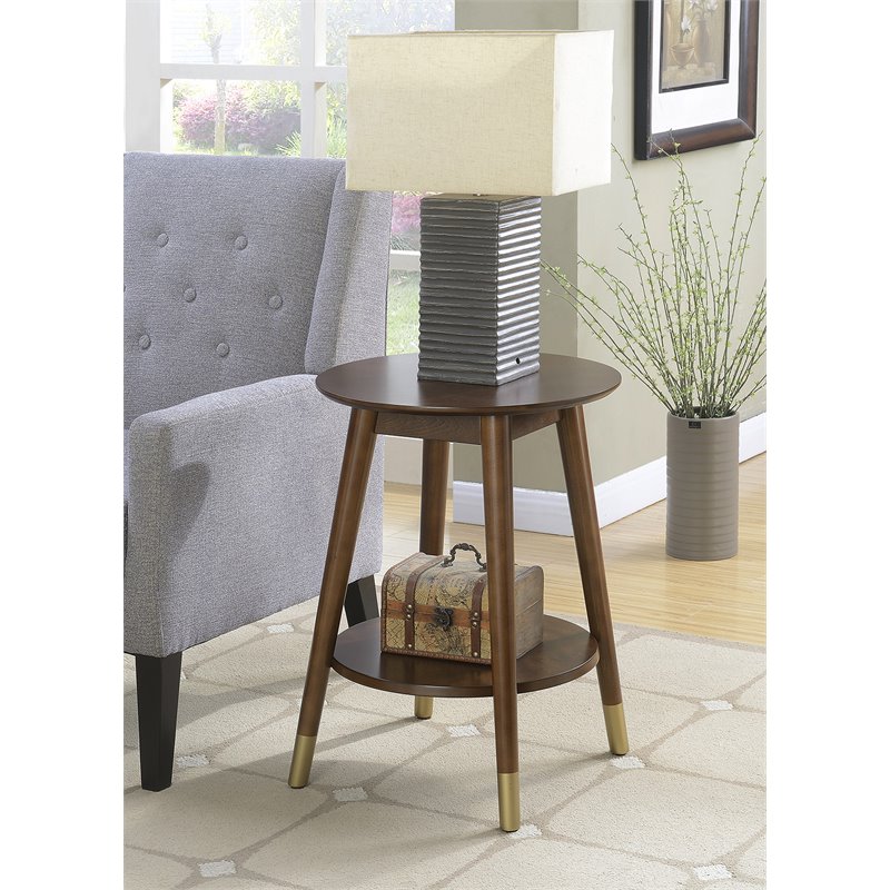 Allora Mid-Century Round Wood End Table with Shelf in Espresso