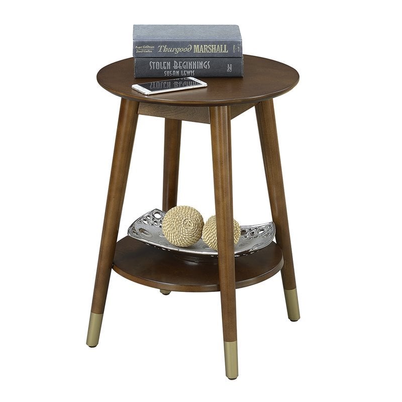 Allora Mid-Century Round Wood End Table with Shelf in Espresso
