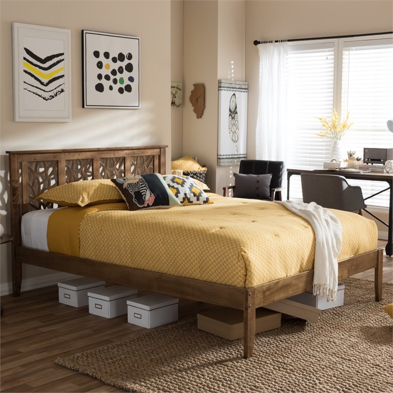 Allora Mid-Century Rubberwood Queen-Size Platform Bed in Walnut Brown