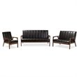 Allora 3 Piece Faux Leather Sofa Set in Black and Walnut