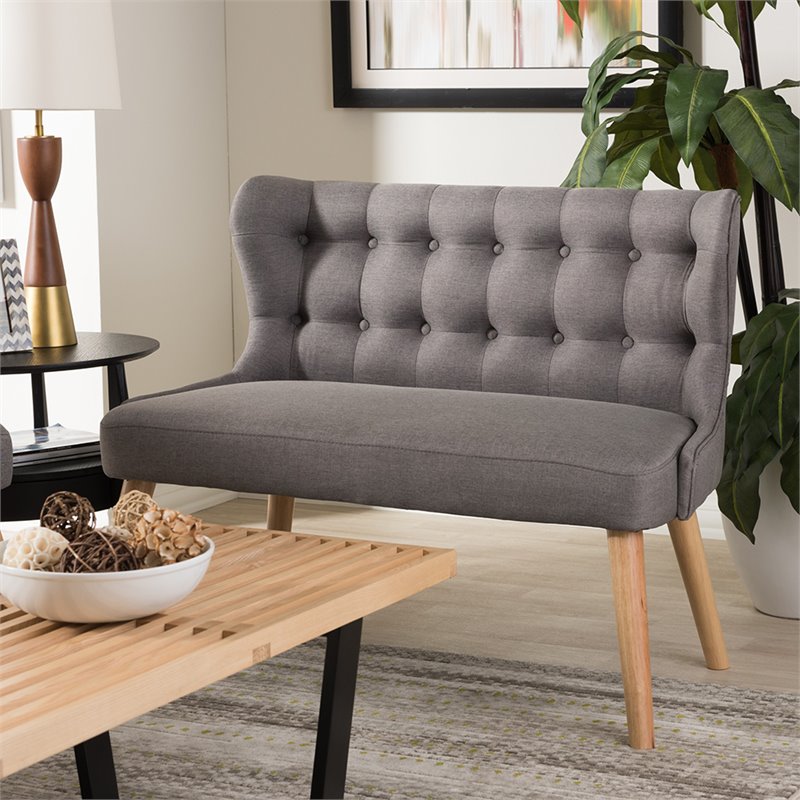 Allora Mid-Century Fabric/Wood Tufted Wingback Loveseat in Gray/Light Brown