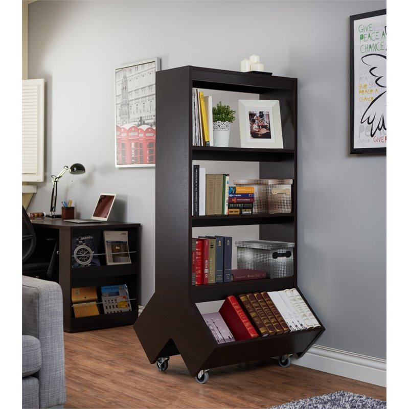 Allora 3-Shelf Wood Bookcase with Casters in Deep Espresso