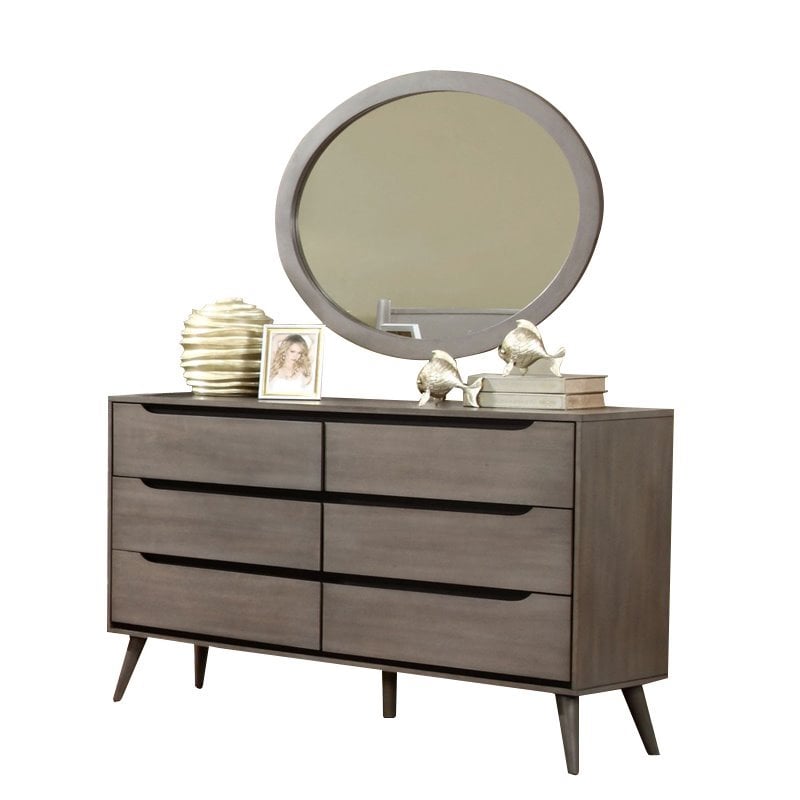 Allora Wood 6-Drawer Dresser and Oval Mirror in Gray