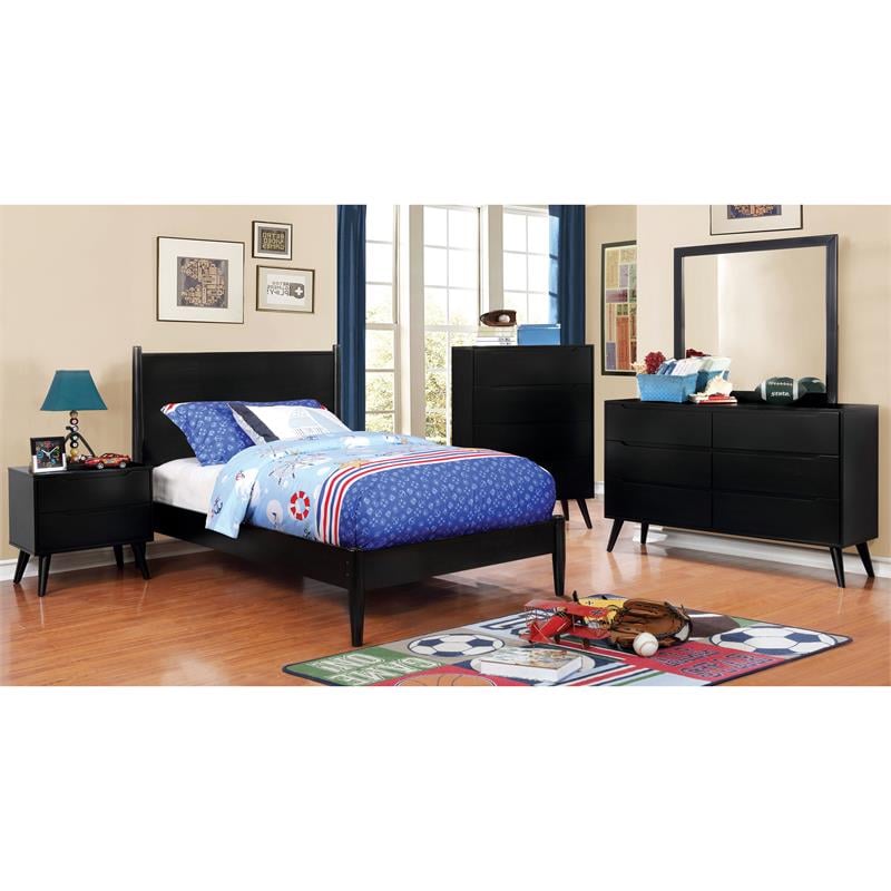 Allora Mid-Century Solid Wood/Wood Veneer/MDF Twin Platform Bed in Black