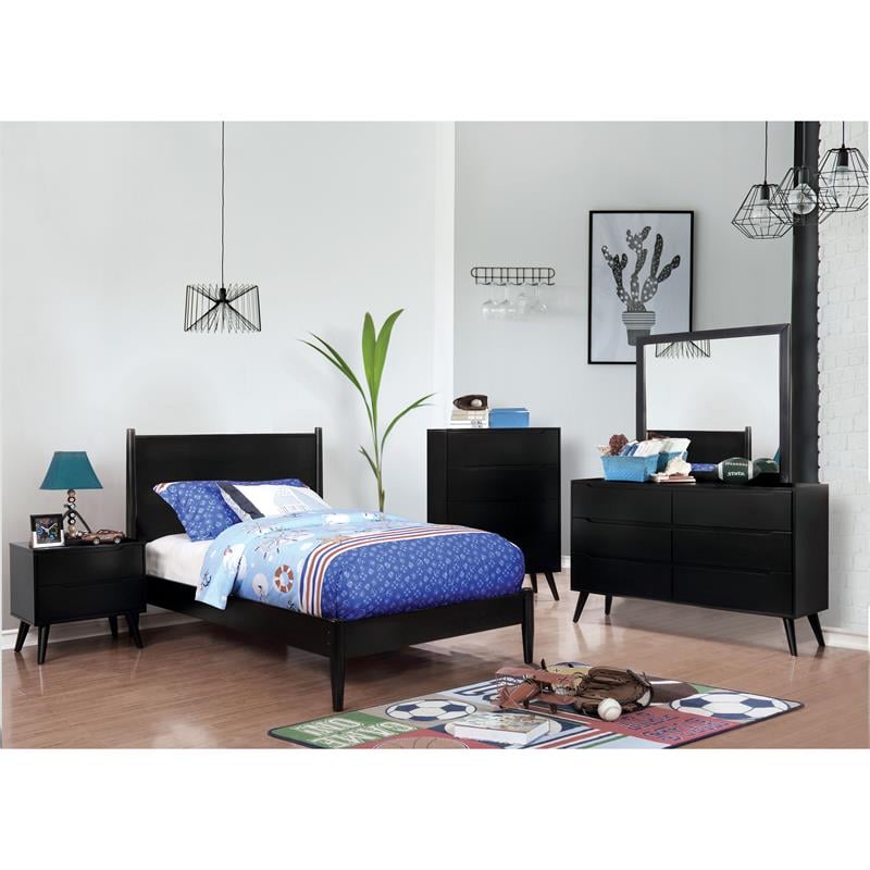 Allora Mid-Century Solid Wood/Wood Veneer/MDF Twin Platform Bed in Black