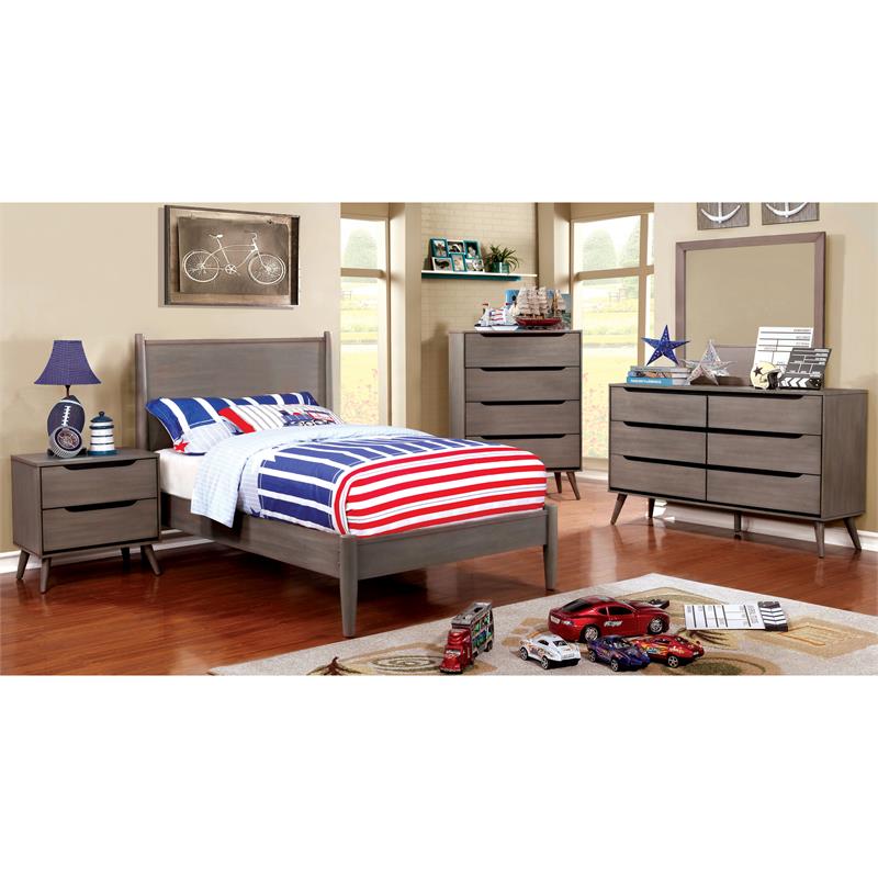 Allora Mid-Century Solid Wood/Wood Veneer/MDF Twin Platform Bed in Gray
