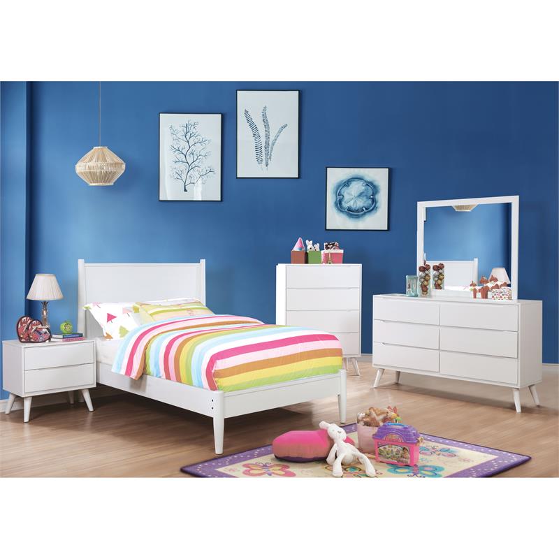 Allora Mid-Century Solid Wood/Wood Veneer/MDF Twin Platform Bed in White