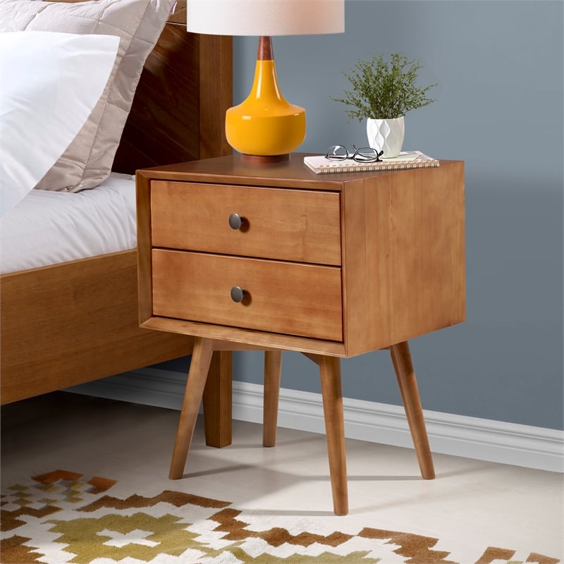 Allora Mid-Century 2 Drawer Solid Wood Nightstand in Caramel