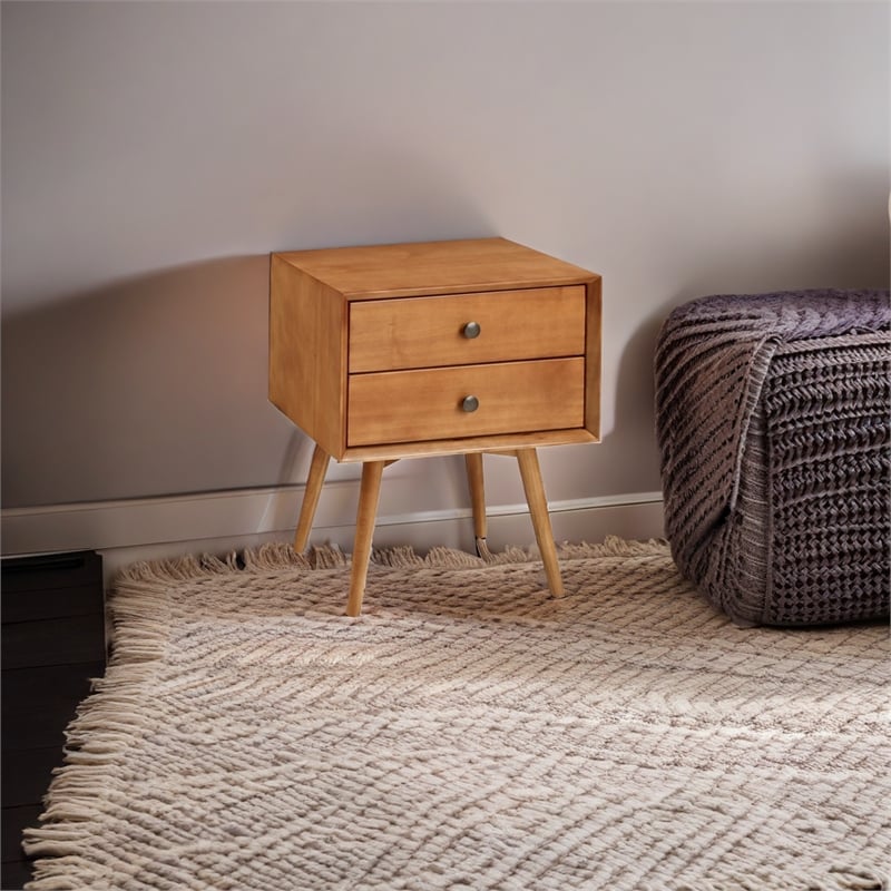 Allora Mid-Century 2 Drawer Solid Wood Nightstand in Caramel