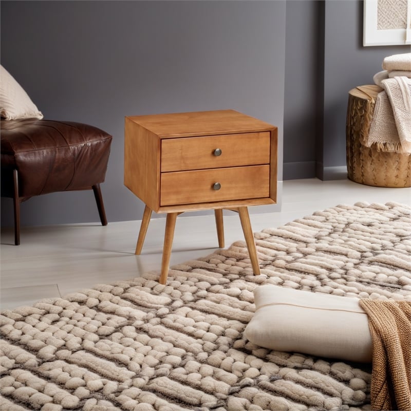 Allora Mid-Century 2 Drawer Solid Wood Nightstand in Caramel