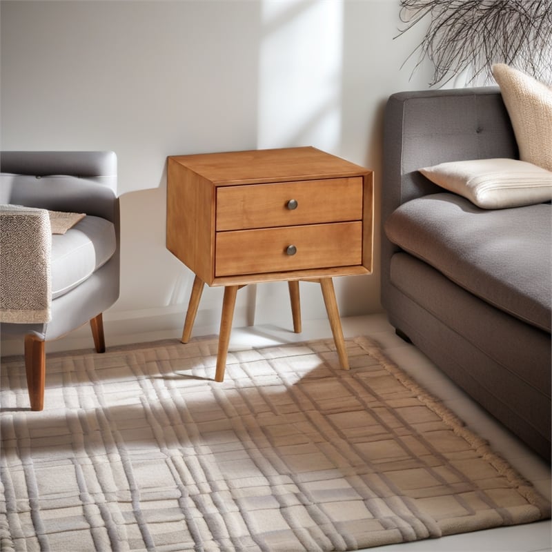 Allora Mid-Century 2 Drawer Solid Wood Nightstand in Caramel