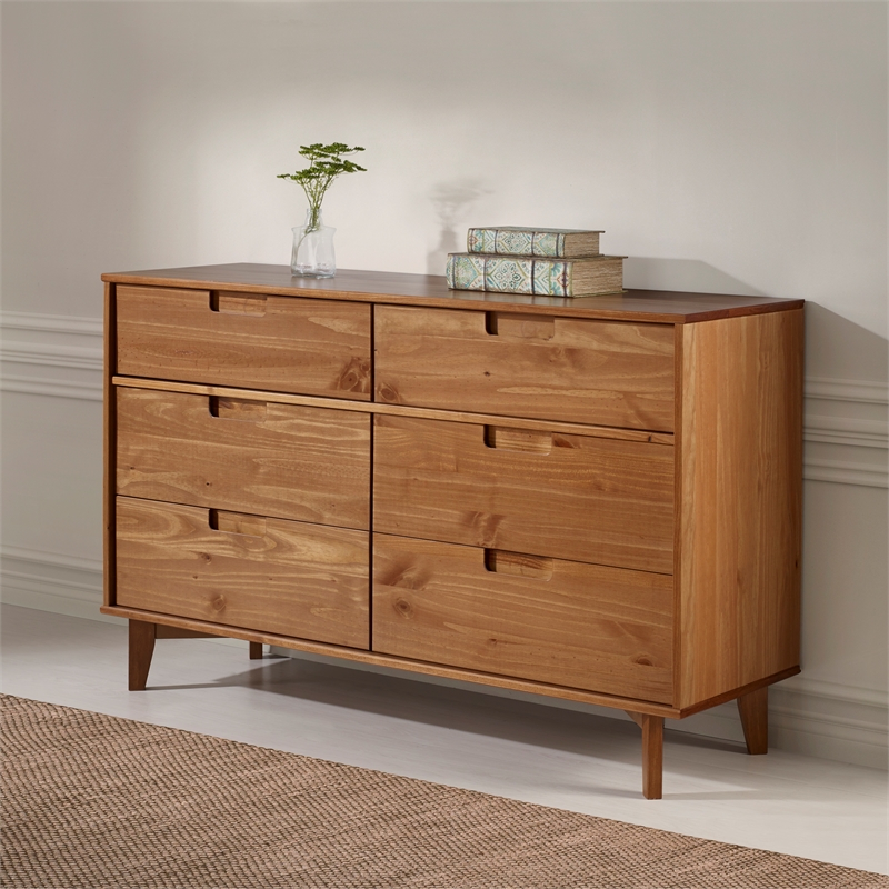 Allora 6 Drawer Mid Century Modern Wood Dresser in Caramel