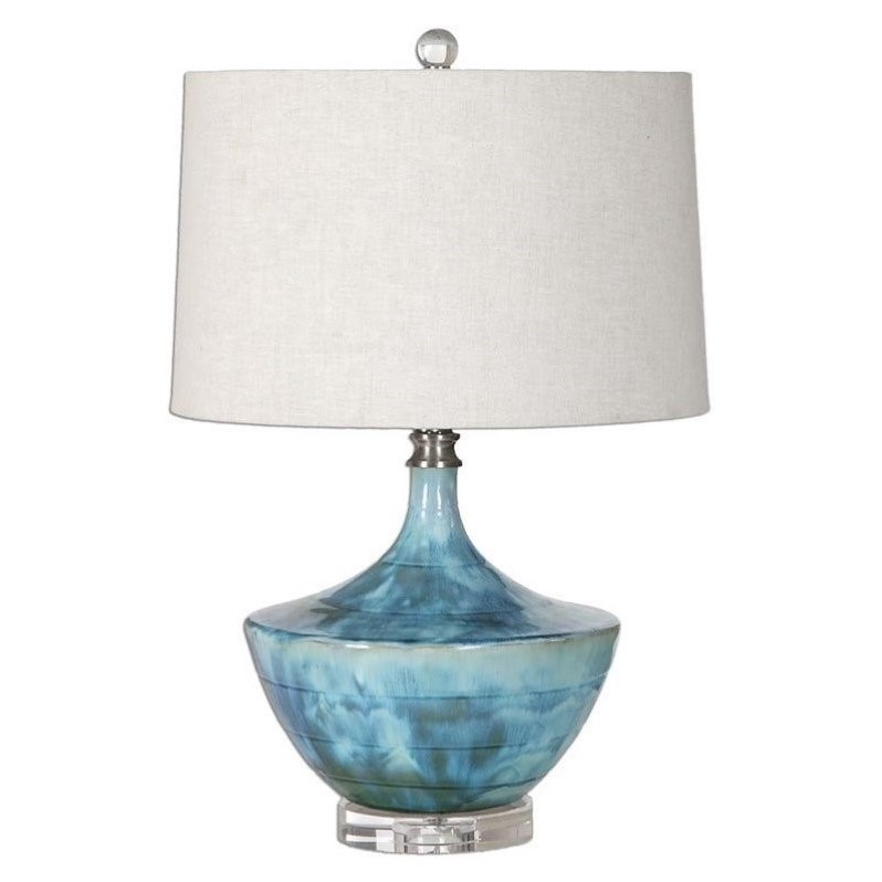Allora 1-Light Ceramic and Crystal Lamp in Blue with Light Beige Fabric Shade