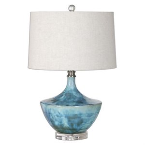 allora 1-light ceramic and crystal lamp in blue with light beige fabric shade