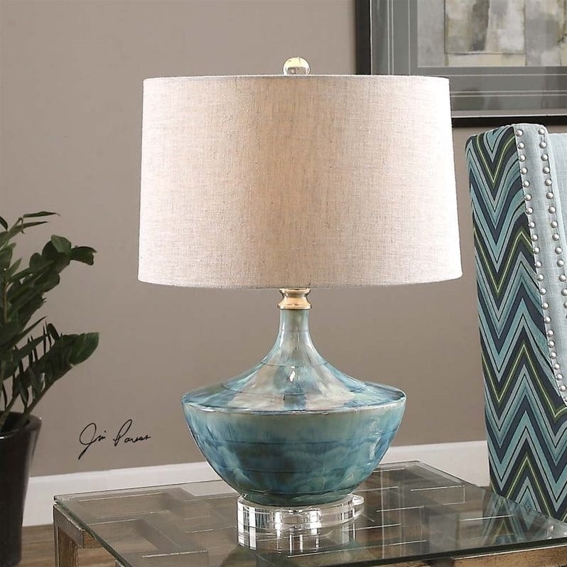 Allora 1-Light Ceramic and Crystal Lamp in Blue with Light Beige Fabric Shade