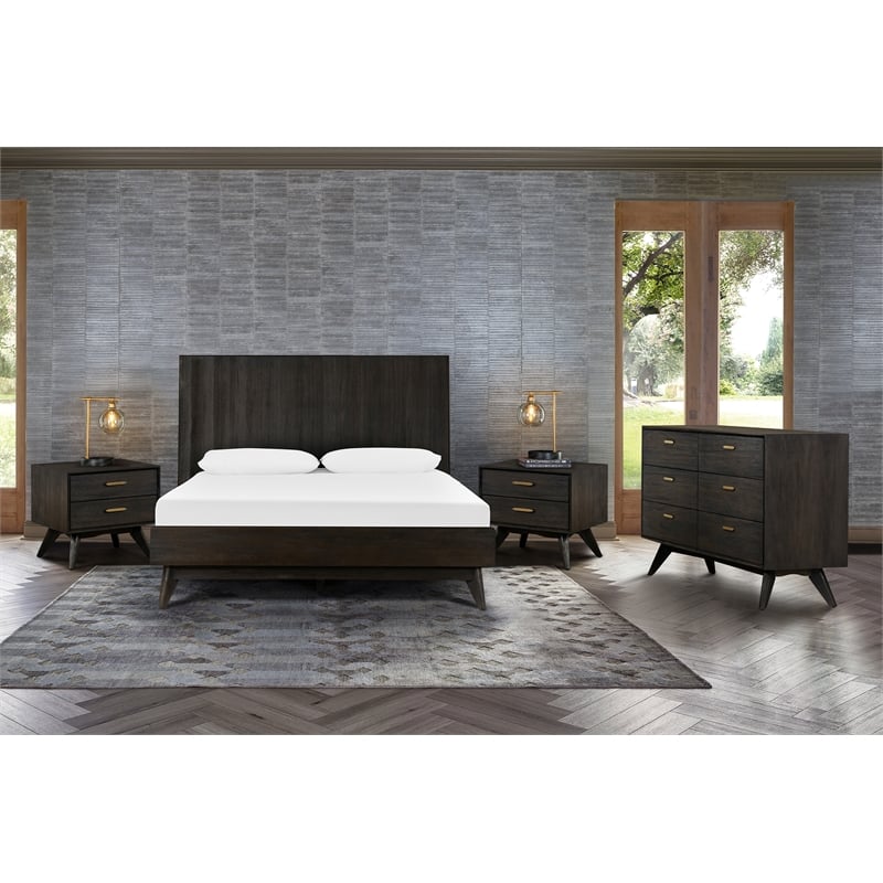 Allora 4-Piece Modern Wood King Bedroom Set in Brushed Brown/Gray/Antique Brass