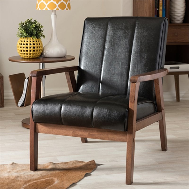 Allora Mid-Century Wood/Faux Leather Accent Chair in Black/Walnut