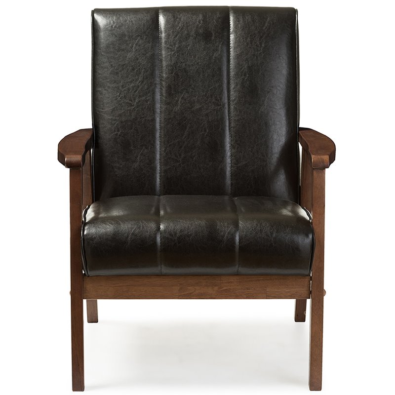 Allora Mid-Century Wood/Faux Leather Accent Chair in Black/Walnut