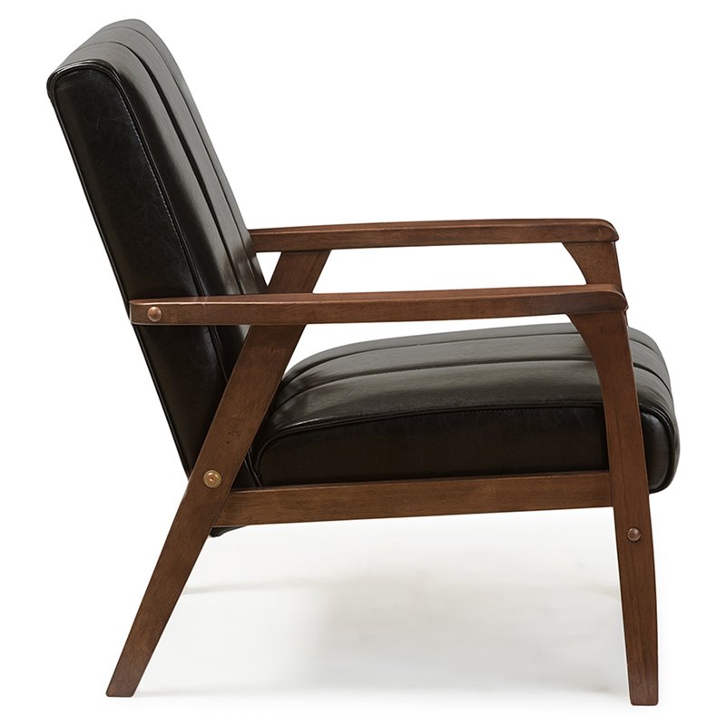 Allora Mid-Century Wood/Faux Leather Accent Chair in Black/Walnut