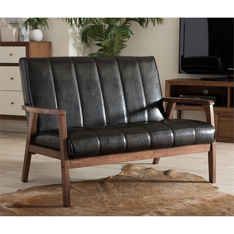 Allora Mid-Century Faux Leather/Wood 2-Seater Loveseat in Black/Walnut