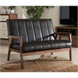 Allora Mid-Century Faux Leather/Wood 2-Seater Loveseat in Black/Walnut