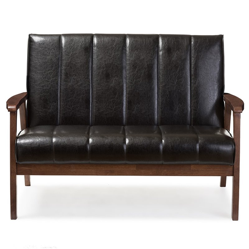 Allora Mid-Century Faux Leather/Wood 2-Seater Loveseat in Black/Walnut