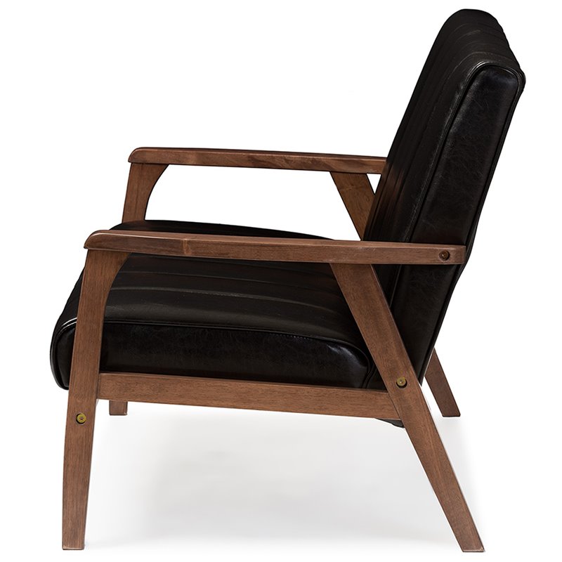 Allora Mid-Century Faux Leather/Wood 2-Seater Loveseat in Black/Walnut