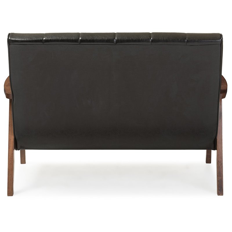 Allora Mid-Century Faux Leather/Wood 2-Seater Loveseat in Black/Walnut
