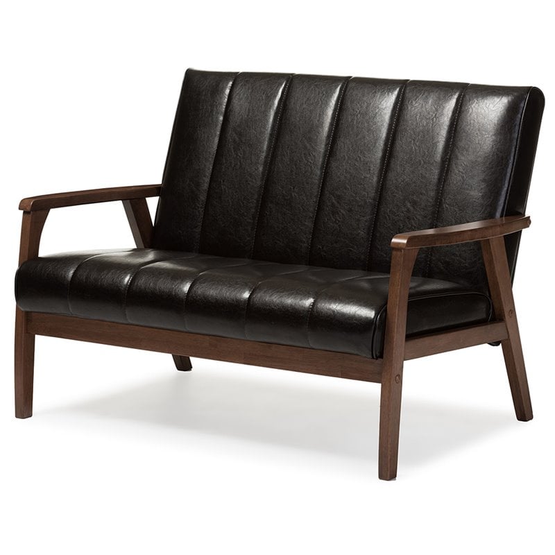 Allora Faux Leather Loveseat in Dark Espresso and Walnut