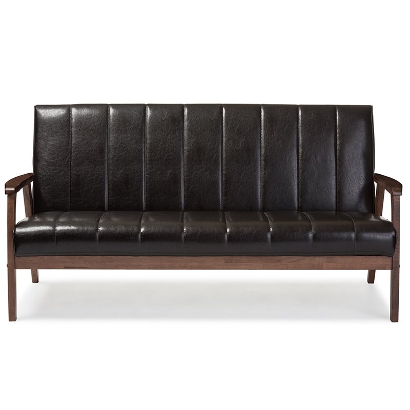 Allora Faux Leather Sofa in Dark Brown and Walnut