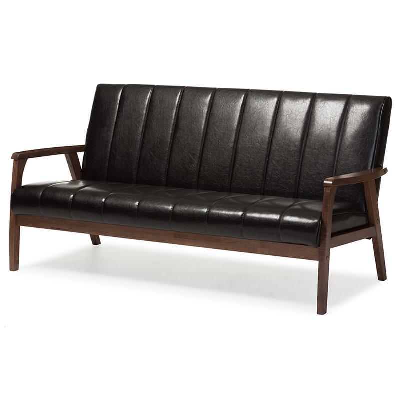Allora Faux Leather Sofa in Dark Brown and Walnut