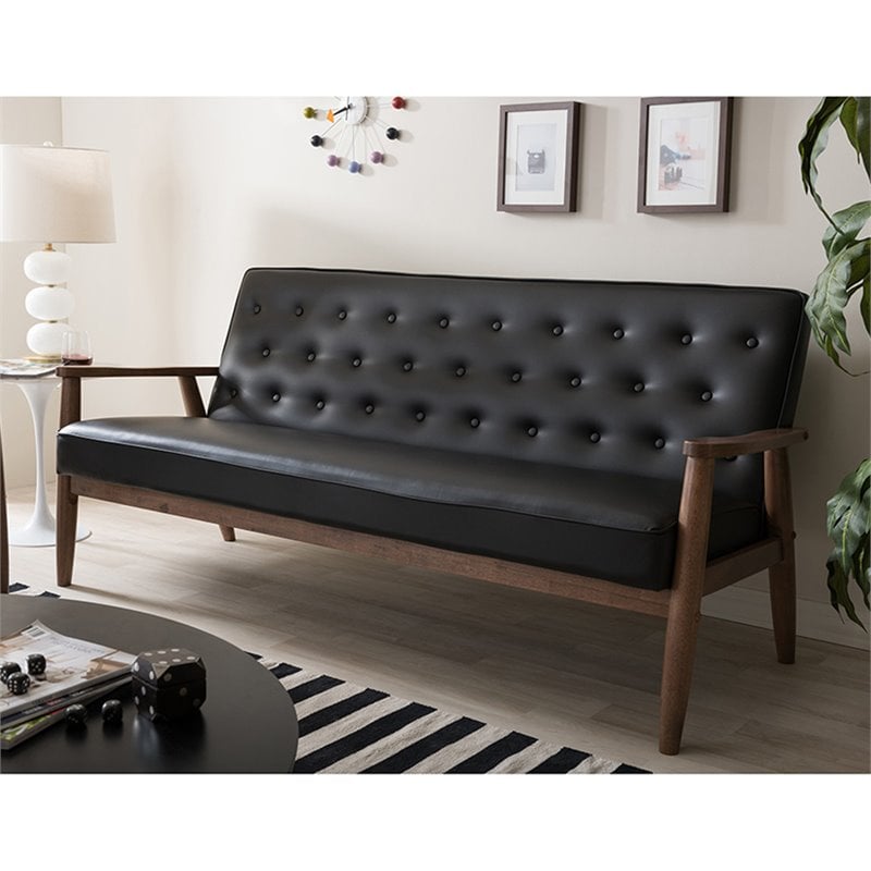 Allora Faux Leather Tufted Sofa in Black