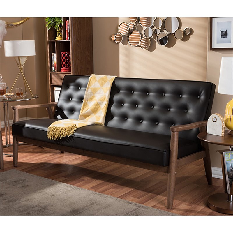 Allora Faux Leather Tufted Sofa in Brown