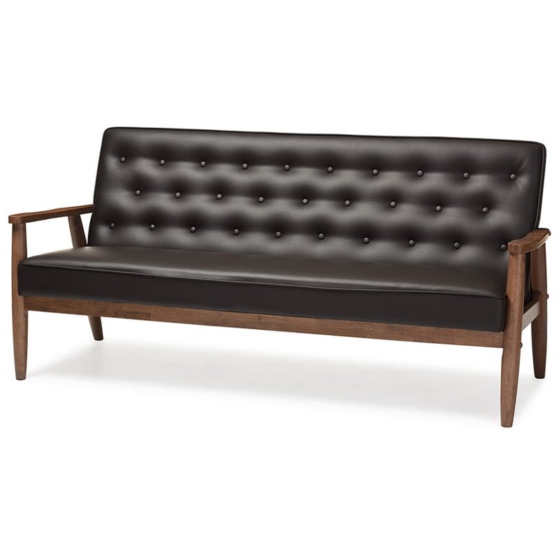 Allora Faux Leather Tufted Sofa in Brown