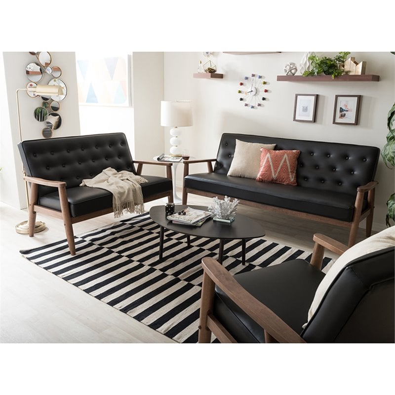 Allora 3 Piece Faux Leather Tufted Sofa Set in Black