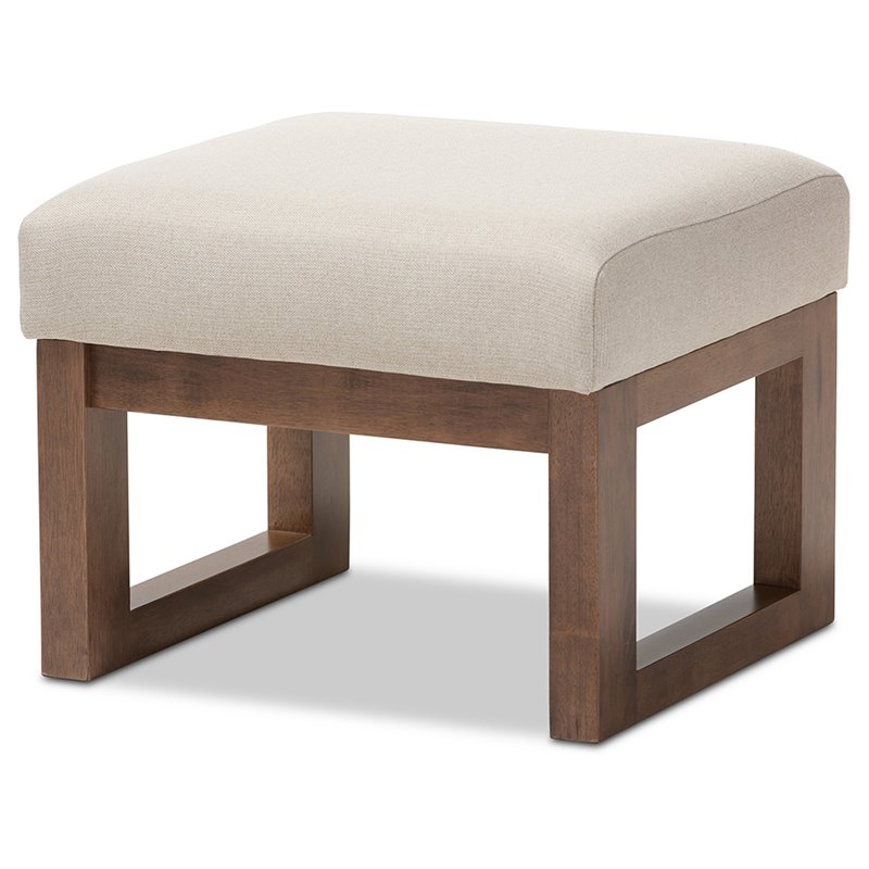 Allora Upholstered Ottoman in Light Beige and Walnut