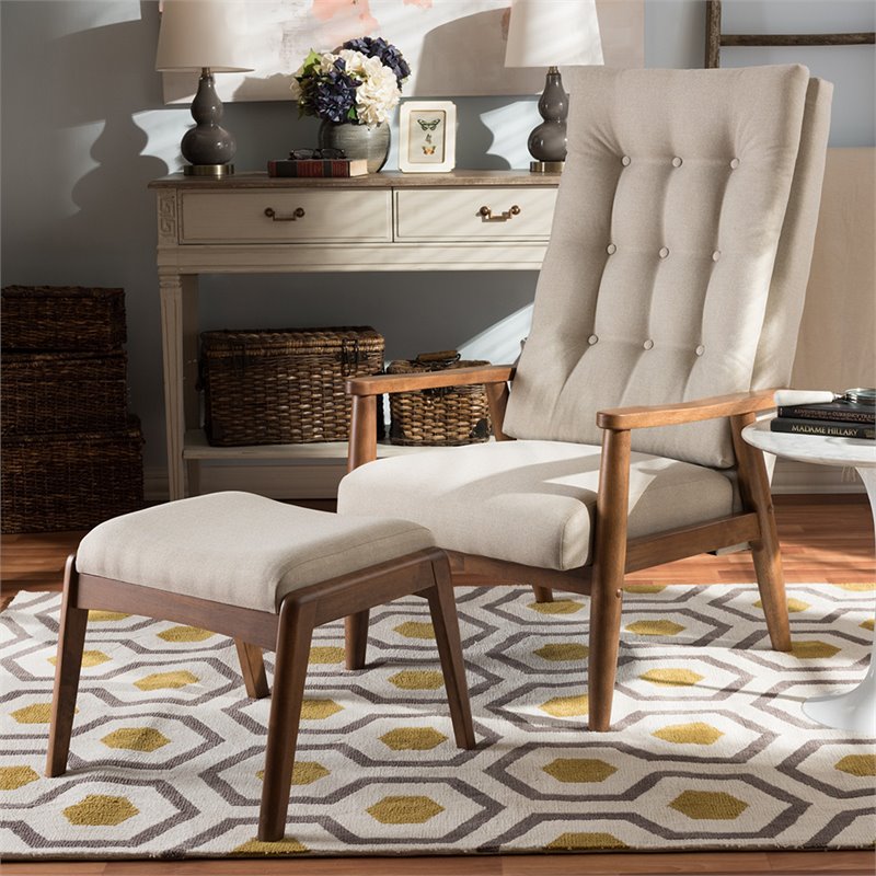 Allora Tufted Accent Chair and Ottoman Set in Light Beige