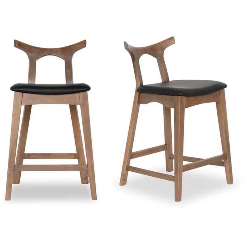 Allora Mid-Century Modern Faux Leather Bar Stool in Black (Set of 2)