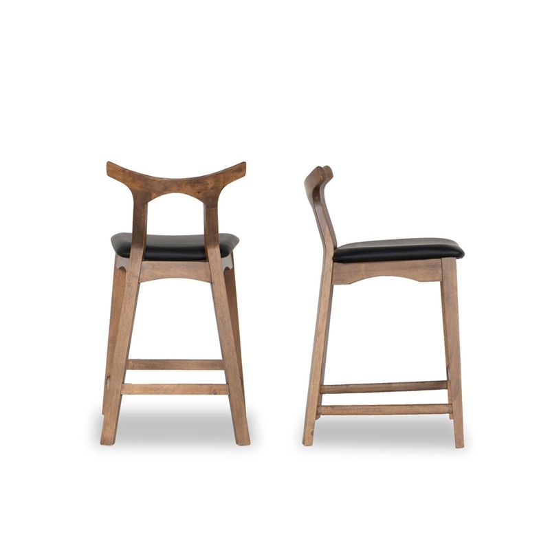 Allora Mid-Century Modern Faux Leather Bar Stool in Black (Set of 2)